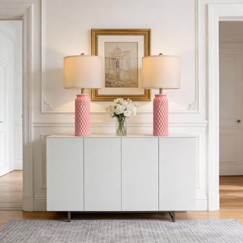 USumkky 27" Ceramic Table Lamps Set of 2 - Modern Farmhouse & Boho Style, Bedside Nightstand Lamps for Bedroom, Living Room End Table Lamps, Small Desk Lamp(Pink) - color: 27" Pink-2 Pack
