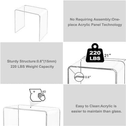 U-Shape Acrylic Side Table,21" L x 12" W x 21" H x 3/5" Thick Clear End Table,Transparent Nightstand and Stool with Waterfall Edges,Modern Lucite Side Table for Living Room - size: 21" D x 12" W x 21" H U-Shape