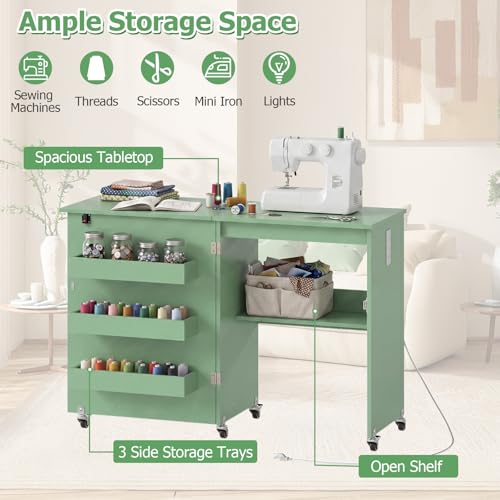 Giantex Folding Sewing Table with Charging Station, Storage Trays & Shelf | Rolling Craft Table with Lockable Wheels, Foldable Sewing Machine Cabinet Desk for Small Spaces, Dorms, Sage - color: Sage