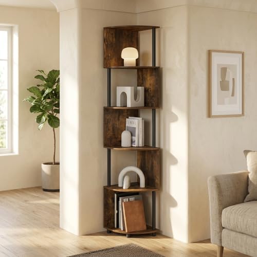 5-Tier Corner Bookshelf, Zigzag Storage Shelves, Book Shelf, Display Rack, Corner Shelf for Organization and Storage, Home Office, Living Room, Amber Pine - color: Amber Pine/Black, size: 5 Tier