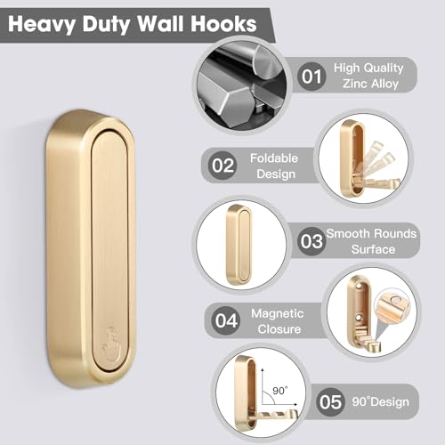Folding Coat Hooks, 2 Pcs Foldable Gold Wall Hooks Heavy Duty Foldable Hook Bathroom Towel Hooks Robe Hooks Wall Mounted for Hanging Coat Towels Clothes Hat Bags Keys - color: Gold, size: 2 Pcs