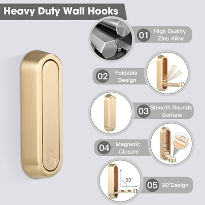 Folding Coat Hooks, 2 Pcs Foldable Gold Wall Hooks Heavy Duty Foldable Hook Bathroom Towel Hooks Robe Hooks Wall Mounted for Hanging Coat Towels Clothes Hat Bags Keys - color: Gold, size: 2 Pcs