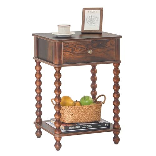 AWASEN Nightstand, Mid Century Modern Night Stand with Drawer for Living Room, Modern Bedside End Table with Spindle Wood Legs for Bedroom, Office, Rustic Brown - color: Rustic Brown