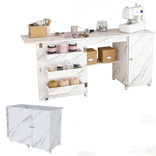 4-in-1 Folding Sewing Table with Storage, Sewing Desk Foldable with Lockable Wheels & Power Socket, Sewings Machine Cabinet & Craft Desk with Shelves, Compact Design (White, 57 Inch) - color: White, size: 57 Inch