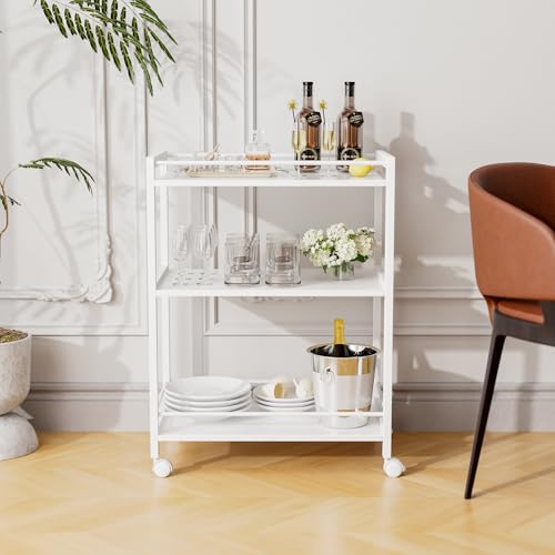 HITNET White Bar Cart, Home Bar Serving Cart, Kitchen Trolley on Wheels with Storage, 3 Tier Rolling Beverage Cart for Living Room Kitchen Home Office - color: White