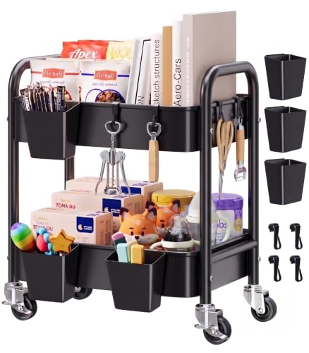 2 Tier Small Rolling Cart Metal with Wheels, Black Under Desk Storage Carts on Wheels, Short Utility Roller Shelf Trolley Organizer for Pantry, Kitchen, Office, Two Tiered Mobile Side Table, 22in Tall - color: Matte Black, size: 2 Tier + Cups + Hooks