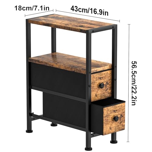 Small Narrow Side Table with Drawers, Skinny End Table for Small Spaces, Slim Nightstand with Storage, sofa bedside Table in Living Room, Bedroom, Study, kitchen and Balcony (Rustic Brown)M-LBZ83B1V1 - color: Rustic Brown&black