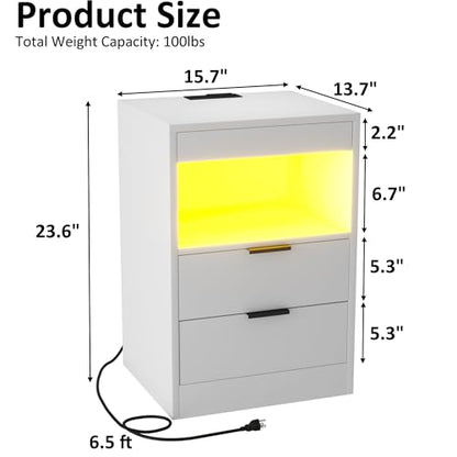 Gadroad LED Nightstand with Charging Station, Bedside Table with USB Ports & Power Outlets, Modern Night Stand with Drawers for Bedroom Small Spaces, White - color: White