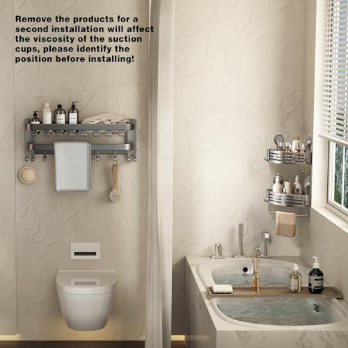 Corner Shower Caddy Suction Cup Shower Shelf Corner No Drilling Bathroom Shower Organizer Storage Rack Adhesive with Towel Bar Hooks (2-Pack,Gray)