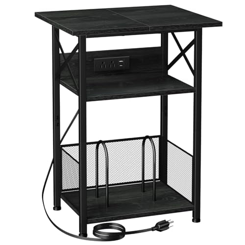 AMHANCIBLE Record Player Stand with Charging Station, Vinyl Record Storage | Large Turntable Stand with Type-C, Vinyl Record Player Table Holds 100 Albums, 3 Tier End Table Living Room, Black - color: Black, size: W 18.89" x D 15.74"