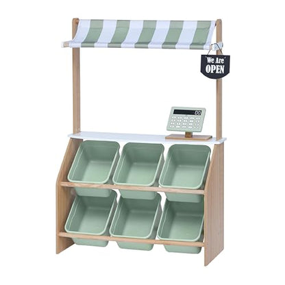 Teamson Kids Little Helper Wooden Farmer's Market Stand with Pretend Cash Register and 6 Plastic Storage Bins, Green, TD-13638A-AMZ | Pretend Grocery Store Playset, Cash Register Toy, 6 Storage Bins, Awning, Ages 3+ - style: Market Stand w/ Storage