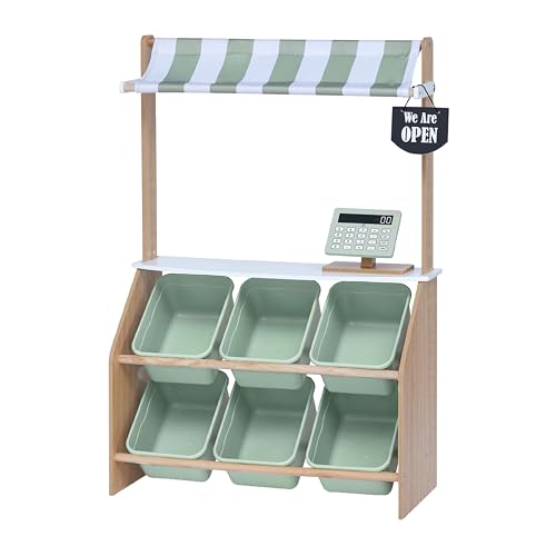 Teamson Kids Little Helper Wooden Farmer's Market Stand with Pretend Cash Register and 6 Plastic Storage Bins, Green, TD-13638A-AMZ | Pretend Grocery Store Playset, Cash Register Toy, 6 Storage Bins, Awning, Ages 3+ - style: Market Stand w/ Storage