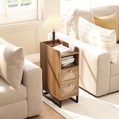 Narrow Nightstand for Small Spaces - 9.3" Slim Side Table with Rattan-Weave Drawers, Skinny Bedside Table with Open Shelf, Rustic Tall Thin Gap Filler for Bedroom & Sofa Side, Caramel Oak - color: Caramel Oak