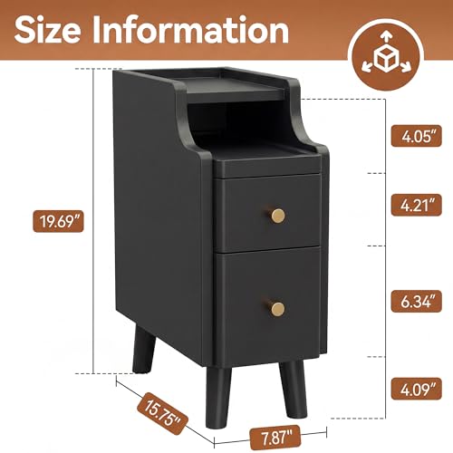 Nightstand, Pre-Assembled, 19.7“H Solid Wood Narrow Night Stand with 2 Drawers, Open Sliding Shelf, Mid Century Modern Small Bedside Table for Bedroom, Black 8" - color: Black, size: 8"