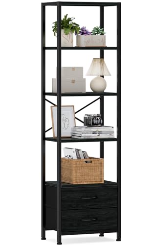 5-Tier Tall Corner Shelf, Narrow Bookshelf with Drawers | 65.16" H Black Bookcase,Fabric Bins and Metal Frame,Wood Display Shelf for Bedroom,Living Room,Home Office. Easy to Assemble - color: Black Oak, size: 5 Tier