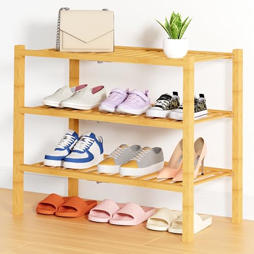 Smiry Bamboo Shoe Rack, 3 Tier Free Standing Wooden Shoe Organizer, Stackable Wood Shoe Storage Shelf for Closet, Entryway, 14 Vertical Slats, 2+1 Stack Heavy-Duty Legs, 26.8"x11"x19.5", Natural - color: Natural, size: 26.80" Wide - 3 Tier - Thicker