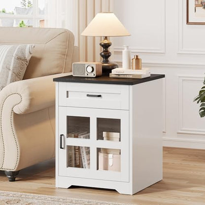 Farmhouse End Table, 18" Side Table with Drawer and Barn Door Storage, Wood Sofa Side Bedside Table for Living Room, Bedroom (White) - size: 1PCS