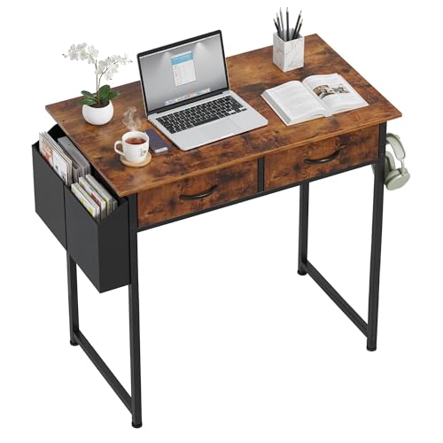 OLIXIS 32 Inch Small Desk with Fabric Drawers for Home Office, Gaming Computer Desk with Side Bag, Headphone Hook Writing Study Work Table for Bedroom Small Sapce, Brown - color: Brown, size: 32 in