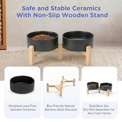 SPUNKYJUNKY Elevated Dog Bowls Ceramic, 5.1'' Dogs and Cat Food Water Bowls Raised with Non-Slip Bamboo Stand for Puppy Small Sized Breed Microwave Dishwasher Safe - 13.5 OZ,Black - color: Black, size: 5.1 in - 1.7 cups