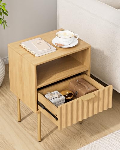 Night Stand,Modern Bedside Table with Drawer and Shelf,Light Oak Night Stand with Gold Frame,Small Side Table for Bedroom,Living Room - color: Oak Brown