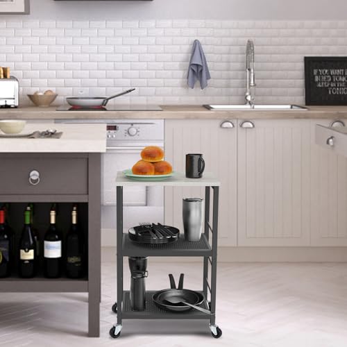 MOOACE 3 Tier End Table with Wheel, Kitchen Cart Storage Shelf, Gray | Small Side Table Nightstand, Rolling Kitchen Utility Cart Table Stand for Bedroom Living Room Office Balcony - color: Grey