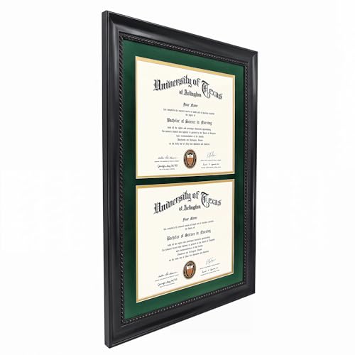 GMFrames Double 8.5x11 Diploma Certificate Frame, Solid Wood & Tempered Glass, Cherry Lacquer Finish & Intricate Rope Detail, Green over Gold Mat - color: Black / Green Gold Mat, size: 14x20 for Double 8.5x11
