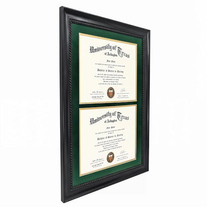 GMFrames Double 8.5x11 Diploma Certificate Frame, Solid Wood & Tempered Glass, Cherry Lacquer Finish & Intricate Rope Detail, Green over Gold Mat - color: Black / Green Gold Mat, size: 14x20 for Double 8.5x11