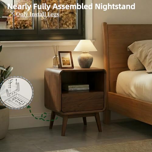 100% Solid Wood Nightstand, Walnut Night Stand with Drawer and Open Shelf, Mid Century Nightstand, Wooden Nightstands, Small Nightstands for Small Spaces Bedroom(Dark Black Walnut, 20.47" H) - color: Dark Walnut, style: Drawer & Open Storage-1