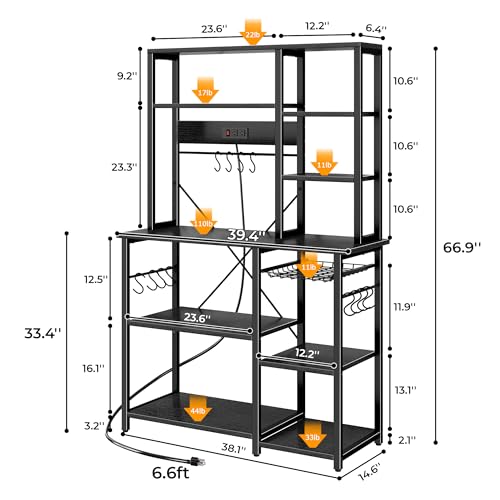 SUPERJARE Large Bakers Rack with Power Outlets, 6-Tier Microwave Stand, Coffee Bar with 12 S-Shaped Hooks, Kitchen Shelf with Wire Basket, 39.4 x 14.6 x 66.9 Inches, Black - color: Black, size: 39.4inch