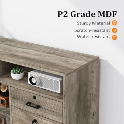 VINGLI Wide 4 Drawer File Cabinet with Lock, Rustic Grey Rolling File Cabinet with Open Shelves, Lockable Printer Stand, Letter Sized - color: Rustic Grey