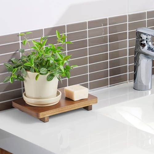 Small Acacia Wood Bathroom Tray Pedestal Stand Farmhouse Kitchen Decor Decorative Wooden Riser Soap Dish Sponge Holder for Vanity, Counter, Sink, 9" x 5.7" - size: 9" x 5.7" x 1.2"