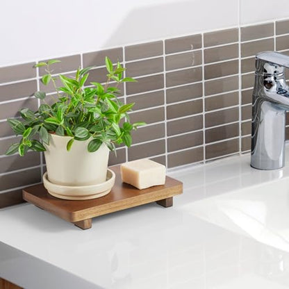 Small Acacia Wood Bathroom Tray Pedestal Stand Farmhouse Kitchen Decor Decorative Wooden Riser Soap Dish Sponge Holder for Vanity, Counter, Sink, 9" x 5.7" - size: 9" x 5.7" x 1.2"