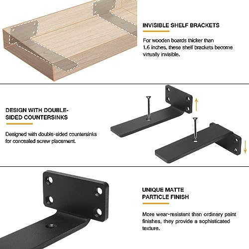 HITOMEN Heavy Duty Floating Shelf Brackets, 6-Inch (1/5'' Thick) Hidden Shelves Hardware, Iron L Brackets, Rustic Industrial Black Metal Wall Shelving Supports, 4 Pack - size: 6 Inch, style: 4 Pack