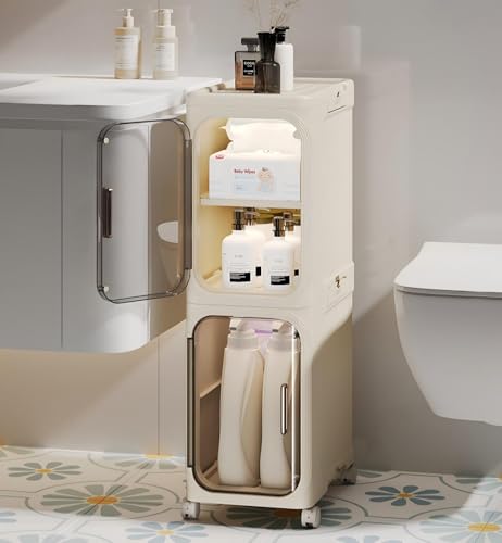 2-Tier Slim Bathroom Storage Cabinet, Narrow Storage Cabinet with Wheels, Adjustable Shelves, Magnetic Doors, Water-Proof, Anti-Tip Skinny Organizer Cabinet for Small Space, Cream White - size: 2-Tiers
