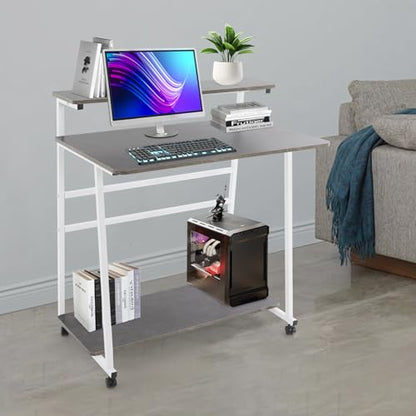 3 Tiers Rolling Computer Desk, 31.5 Inch Home Office Desk with 4 Wheels & 4 Foot Pads, Mobile Small Computer Desk, Student Study Table for Small Space Bedroom (White+Grey) - color: White+grey