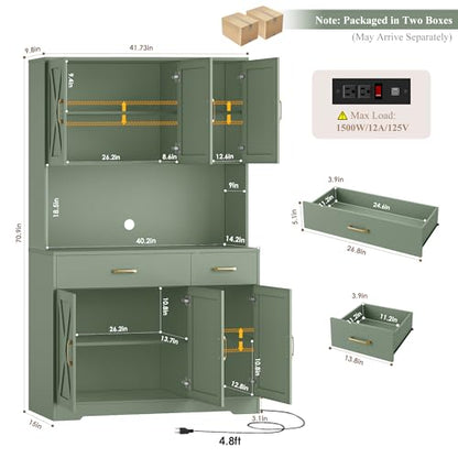 HOSTACK 71" Pantry Cabinet with Charging Station, Tall Kitchen Pantry Storage Cabinet with Microwave Stand, Farmhouse Kitchen Hutch with Storage Drawers for Living Room, Dining Room, Green - color: Green
