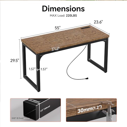 Computer Desk with Power Outlets, 55 Inch Large Home Office Desk with Deeper & Thicker Desktop Modern Gaming Desk Study Writing Work Desk, Metal Frame, Rustic Brown - size: 55 Inch