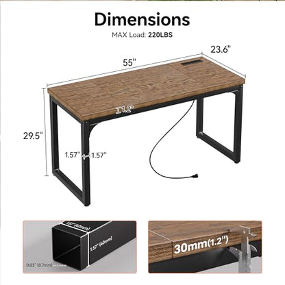 Computer Desk with Power Outlets, 55 Inch Large Home Office Desk with Deeper & Thicker Desktop Modern Gaming Desk Study Writing Work Desk, Metal Frame, Rustic Brown - size: 55 Inch