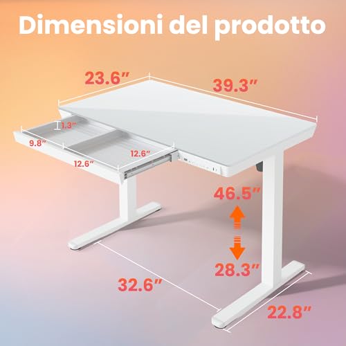 HUANUO Glass Standing Desk with Drawers, 40 X 24 Inch Electric Adjustable Height Desk, Quick Install One-Piece Tabletop with USB Charging Ports, White - color: White, size: 40*24 Inch