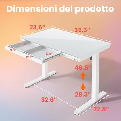 HUANUO Glass Standing Desk with Drawers, 40 X 24 Inch Electric Adjustable Height Desk, Quick Install One-Piece Tabletop with USB Charging Ports, White - color: White, size: 40*24 Inch