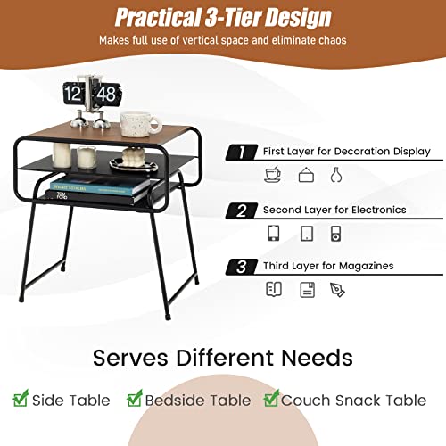 Giantex 3-Tier Side End Table with Shelf, Accent Side Table with Steel Frame, Modern Nightstand for Small Space, Couch Snack Table for Living Room Bedroom Study Easy Assembly (1, Brown & Black)
