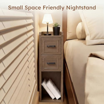 Narrow Nightstand Set of 2, Modern Small Bedside Table with Drawers & Open Shelf, Modern End Table for Bedroom Small Spaces, Apartments, Renters, Walnut - color: Narrow Walnut