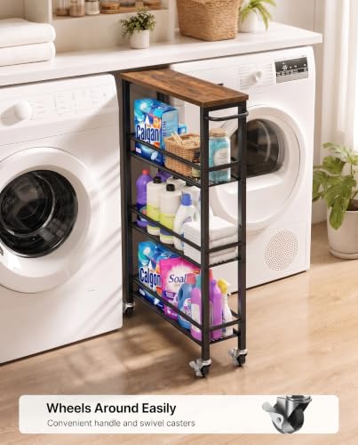 Pipishell Slim Storage Cart with Wheels - 4 Tier Rolling Kitchen Storage Cart with Handle and Wood Top, Metal Slim Bathroom Cart for Laundry Room, Bathroom, Kitchen, Narrow Space, Black & Rustic Brown - size: 5.3 in