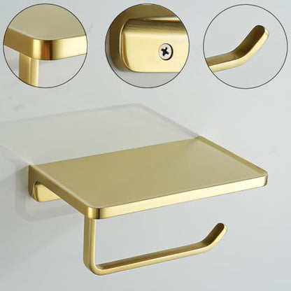 RANDOM Brushed Gold Toilet Paper Holder with Shelf Wall Mount Toilet Paper Roll Holder Solid Metal Toilet Tissue Holder Gold.RD93008BG - color: B-brushed Gold
