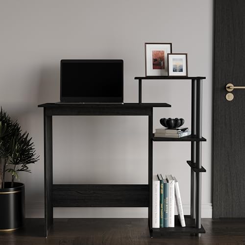Elegance Writing Desk with Multi-Tier Open Shelves, Study Computer Desk for Home Office, Black - color: Black