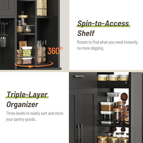 Pantry Cabinet, 67.7" Tall Kitchen Pantry Storage Cabinet with 360° Rotating Shelf & 2 Pull-Out Racks, Freestanding Kitchen Hutch with Charging Station & Drawer, for Dining Room, Black
