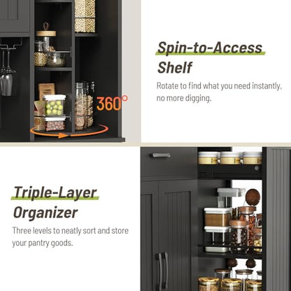 Pantry Cabinet, 67.7" Tall Kitchen Pantry Storage Cabinet with 360° Rotating Shelf & 2 Pull-Out Racks, Freestanding Kitchen Hutch with Charging Station & Drawer, for Dining Room, Black