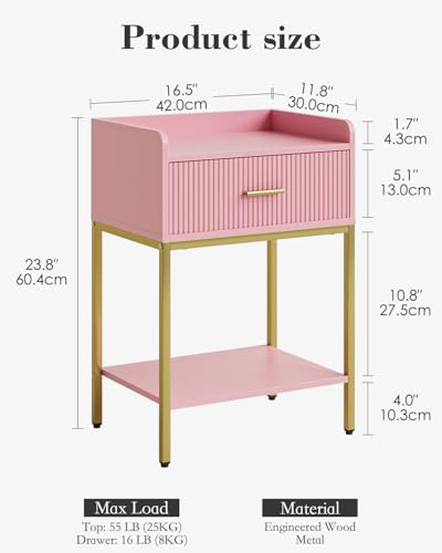 Nightstand, 3-Tier Bed Side Table, Small End Table, Night Stand with Open Shelf and Drawer, Bedside Table for Bedroom, Living Room, Pink - color: Pink, style: Without Charging Station