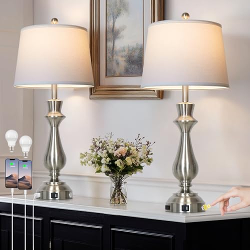 Silver Touch Lamps for Night Stands Set of 2-29.5" Tall Bedside Lamp with USB C+A, 3 Way Dimmable Bedroom Lamps, Brushed Nickel Table Lamps for Living Room - color: Silver
