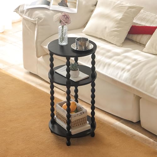 AWASEN Small Round Side Table, Black End Table with 3-Tier Open Shelf for Small Spaces, Round Bedside Table Nightstand for Bedroom, Living Room, Office, Black - color: Black